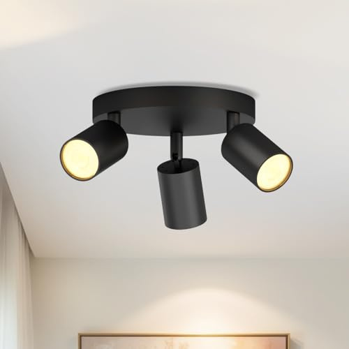 LVWIT Lámpara de Techo Circular GU10, Luces de Cocina, Techo, Accesorios de Luz Negra, 3 vías, Foco de Base GU10 para Cocina, Salón, Dormitorio, Comedor (Bombilla No Incluida)