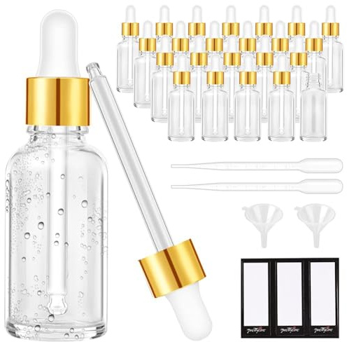 Pqahffowr Droppflaska i glas 24-pack tomma genomskinliga glasflaskor med 2 trattar och 2 långa pipetter, 30 ml droppflaskor