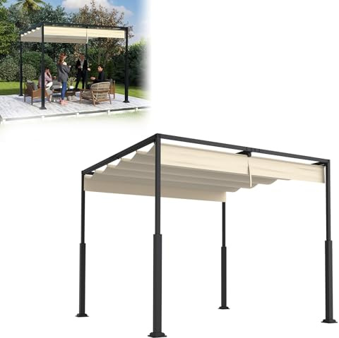 Froadp Pergola autoportante de 3 x 3 m avec cadre en acier durable et toit ouvrant réglable en polyester revêtu de PA de 160 g, auvent de terrasse résistant aux intempéries avec montage facile (beige)