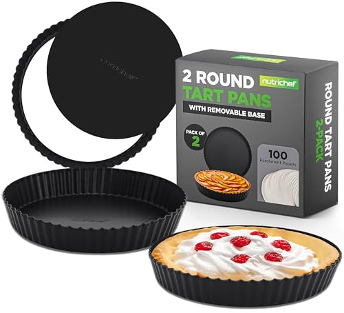 NutriChef Set di 2 stampi da forno rotondi antiaderenti, in robusto acciaio al carbonio con fondo rimovibile, distribuzione uniforme del calore, padelle da 23,9 cm con 100 fogli di carta da forno