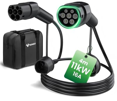 GONEO Type 2 Elbilsladdkabel 11kW 4M med Förvaringsväska(Svart), 16A/Trefas/Läge 3/IP54 Vattenskyddad, Type 2/CCS2 Elbilsladdkabel För De Flesta Elbilar Och Laddhybrider (EV/PHEV)
