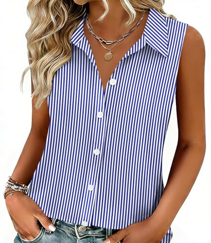 Zeagoo Womens Shirts Stripe Sleeveless Button Down Tops V Neck Work Blouse Business Casual Outfit Summer Trendy Fashion