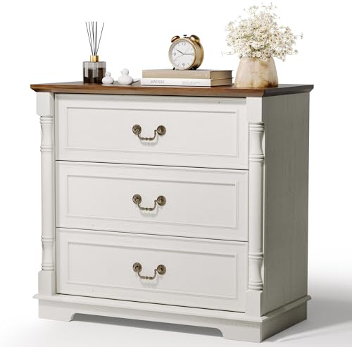Pamapic Kommode mit 3 Schubladen, Kommodenschrank mit Römischen Säulen, Kommode Wohnzimmer mit Retro-Metallgriff, Schubladenschrank für Schlafzimmer, Wohnzimmer, Flur, 80 x 40 x 75 cm, Weiß