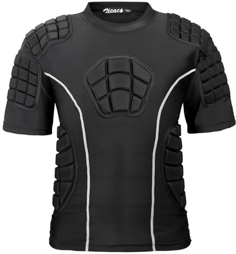 Zicac Men Padded Compression Shirt, Football Chest Rib Protectors, Football Protective Gear for Baseball Rugby Lacrosse Black