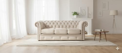 Chesterfield 3 Seater Sofa in Chunky Linen Fabric | Handmade UK Sofa with Deep Button Tufting, Rolled Arms & Mahogany Feet | Classic Linen Chesterfield Couch for Living Room & Lounge Seating