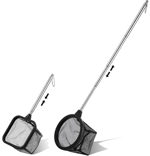 WJIAAA 3 Stück Kescher Aquarium, Aquarium Kescher mit Teleskopstiel, Edelstahl Fischnetz ausziehbarem Griff, 2 Runden+1 Quadrat, Feinmaschig Fangen von Fischen Garnelen Reinigung Teleskop 20-46.5cm