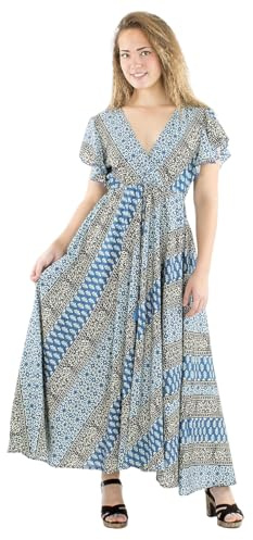 Coline - Robe Longue Cache Coeur Imprimé Ethnique pour Femme, Manches Courtes, 100% Coton, Coupe Bohème