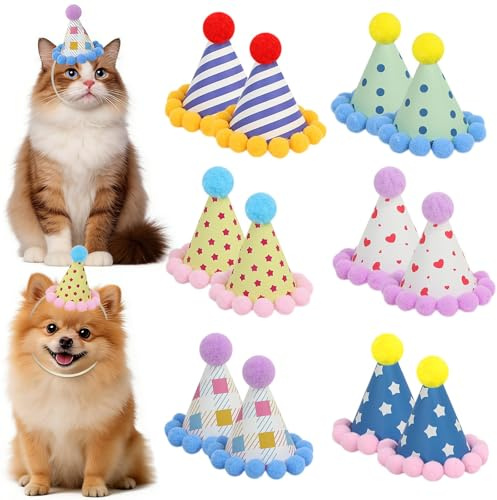 Nymora 12 Pet Hats, 6 Styles Mini Party Hats for Stuffed Animals & Dogs, Tiny Birthday Hats - Rainbow Party Hats Reusable Photo Props