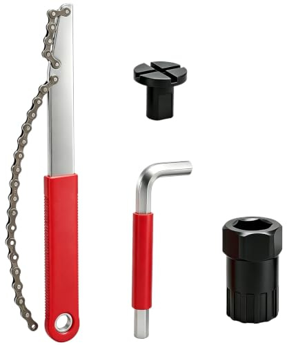 Bike Cassette Removal Tool Kit with Chain Whip, Red Auxiliary Wrench, Freewheel Lockring Remover and Square Cap Allen Wrench, Bicycle Sprocket Removal Tools for 7 8 9 10 11 12 Speed