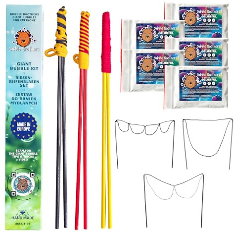 Bubble Brothers Giant Bubble Kit for Kids 3 Bubble Wands and 25 Liters Bubble Solution Big Bubbles For Kids Giant Bubble Set with Bubble Mixture Strong Bubble Mix Wooden Garden Toys