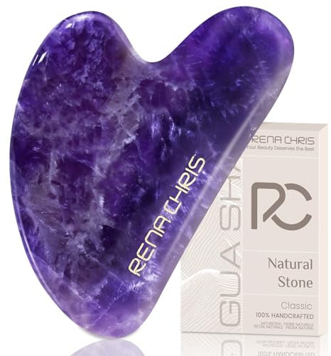 Rena Chris Gua Sha en Améthyste pour Visage et Corps - Sculpte la Ligne de la Mâchoire, Réduit les Poches - Cadeau de Soins de la Peau (Violet)