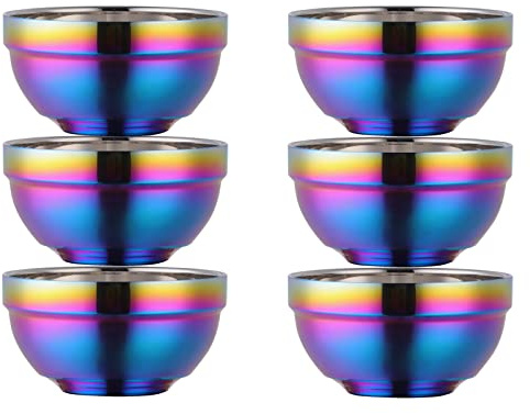 TUPMFG Rainbow Stainless Steel Bowls Rice Bowl 18 Oz Cereal Bowl Deep Soup of 6 with Double Walled Insulated Dishwasher Safe Unbreakable Bowl Home Kitchen & Child (Rainbow)