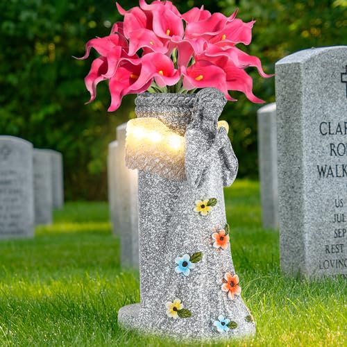 MIBUNG Decoraciones de tumbas para cementerio, jarrón solar de estatua de ángel con púas para decoración exterior de jardín, patio, césped, regalos conmemorativos para la pérdida de un ser querido