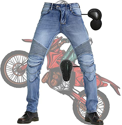 Herren Slim Fit Motorrad Jeans Mit Protektoren Knie Und Hüftprotektoren Stretch Slim Fit Denim Motorradhose Anti-Fall Straight Fit Cargo Motorradjeans Schutzhose Damen (Blue,L)