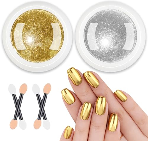 BISHENGYF Gold Chrome Nail Powder【Upgrade-Rezept】Cromepulver Nägel Silver, Anhaltender Spiegeleffekt Nagelpuder, Metal Chrome Puder Nägel, Einfach Benutzen Nagel Glitzer- Ausgestattet 4 Applikatoren