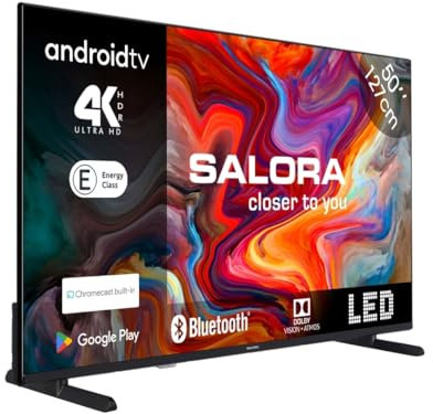SALORA SMART50TV –50 Pouces Android TV avec écran LED 4K Ultra HD, HDR10+, Chromecast intégré, Wi-FI, 3X HDMI, Classe énergétique E, Bluetooth – TV connectée élégante avec résolution 4K