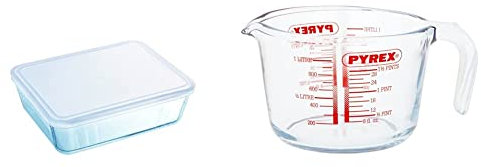 Pyrex Rectangular Dish with Plastic Lid, 0.8L & Glass Measuring Jug, Transparent, 1 Litre