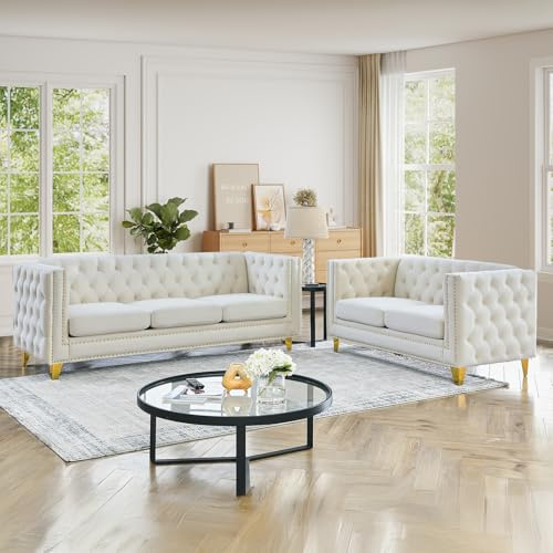 JEEOHEY Chesterfield Sofa Set of 2, Modern Velvet Couch with Button Tufted & Nailhead Trim, Upholstered Deep Seat Couch, Comfy Sofa for Living Room, Bedroom, Apartment, Office(58 W + 80.5 W, Beige)