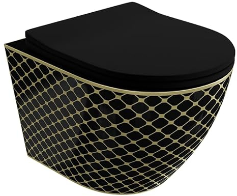 LAVITA Sofi Slim Black Night WC mural sans bords, abattant avec système d’abaissement automatique et charnières métalliques, 365 x 490 x 395 mm (noir/doré)