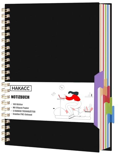 HAKACC Progetto Taccuino, Blocco a Spirale con 5 Divisori A4, Taccuino per Studenti, Ufficio, Pianificazione, Nero