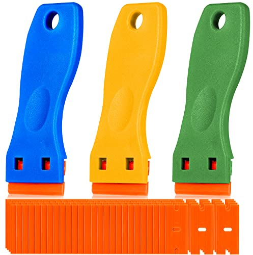 Zepitniy 3 Pièces Grattoir Plastique avec 100 Pièce Lames Plastique Grattoirs Plaque Vitrocéramique Verre Plaque Grattoir pour Enlever Étiquettes a Colle Décalcomanies