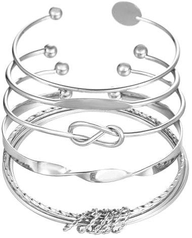 FDEETY 5 Stück Armbänder Set Damen Mehrlagiges Stapelbares Armband Armreif Knoten Kreis Ring Öffnen Geometrisch Armbandset Mode Schmuck Geschenk für Mädchen Frauen (Silber)