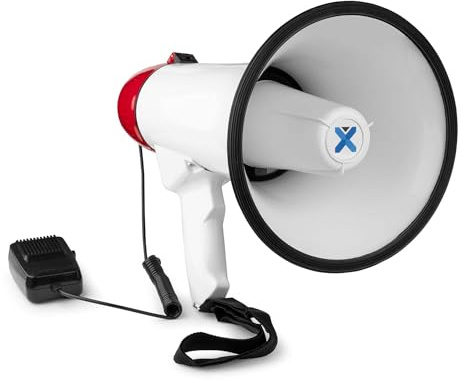 VONYX MEG045 Mégaphone 45W avec Batterie MB60, Idéal pour Manifestations et Matchs Sportifs - Jusqu’à 1 km, Micro Main Détachable, Bluetooth & Lecteur MP3, Dragonne, Réglage du Volume