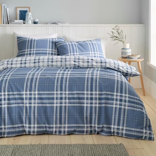 Catherine Lansfield Kelso Parure de lit réversible à Carreaux avec Housse de Couette et taies d'oreiller Bleu Super King