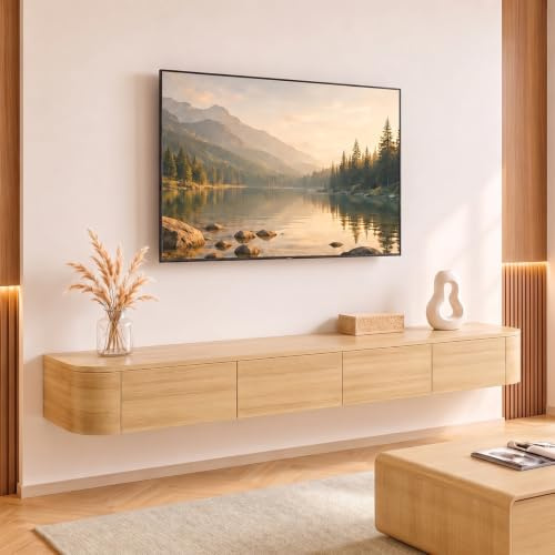 Ribanedy Mueble TV Suspendido Moderna | Consola de Medios de Entretenimiento Montada en la Pared | Banco de TV con Gran Capacidad de Almacenamiento para Sala de Estar y Oficina (Madera, 180cm)