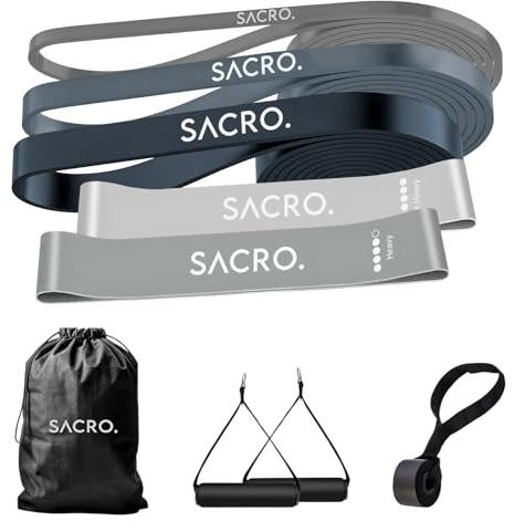 SACRO. Elastici Fitness con 5 Livelli di Resistenza – 3 Bande Elastiche per Allenamento Parte Superiore + 2 Bande Glutei – con Maniglie, Ancoraggio Porta e Borsa – TPE