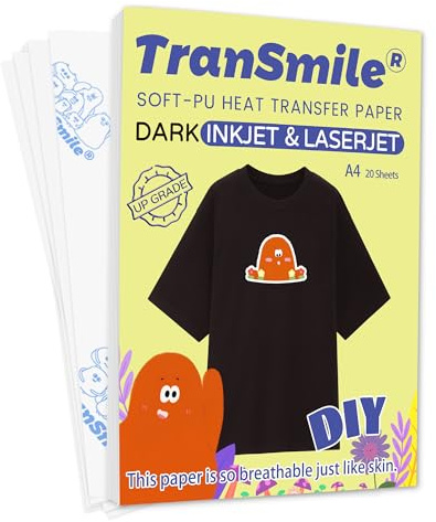 TRANSMILE Dark Transfer Paper Printable Heat Transfer Vinyl Black Fabric Tshirt Printing Paper A4 20 Sheets Iron on Transfers for Inkjet & Laser Printer,Bright and Washable,No Smudging(TS-H-D3.0-20)