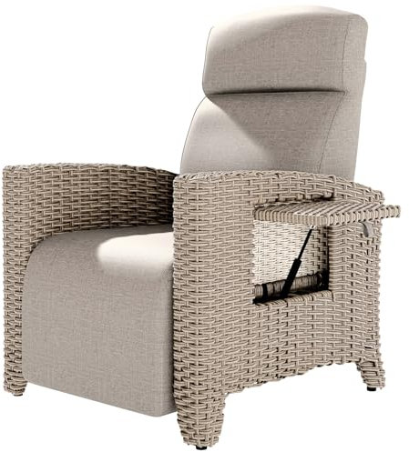 Relaxliege Liegesessel, Ergonomische Relaxliege Rattansessel, Verstellbare Rückenlehne, mit Dickem Kissen, Geeignet für Drinnen, Balkon, Garten, Innenhof(Braune Rattankanten + Apricot Kissen)