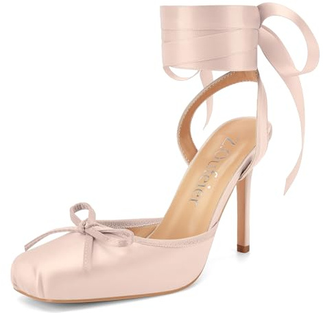 Women's Satin Ballet Heels Ballerina Bow Closed Square Toe Strappy Stiletto High Slingback Lace Up Ankle Strap Wrap Around Spiral Mary Janes Pumps Dress Shoes(Blush Baby Pink,11)