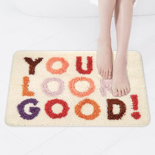 TranRantic 50 x 80 cm Alfombra de Baño Antideslizante, Alfombras de Baño de Microfibra con Letras de Colores, Súper Absorbente, Suave y Cómoda Alfombra de Ducha para Bañera, Inodoro, Lavadero (Beige)