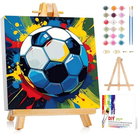 Mafenr Art Pintura de fútbol por números para niños, pintura de fútbol por números con marco y caballete, pintura por números para niños de 5 a 8 a 12 años para regalos y decoración, 20 x 20 cm