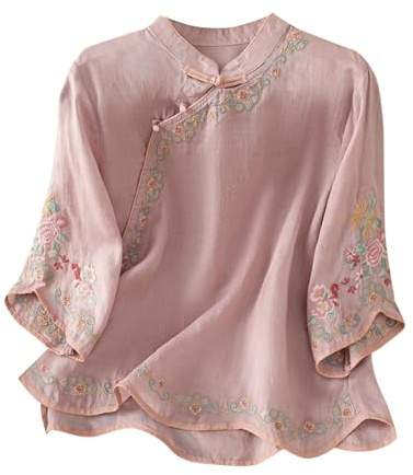 Camisas de manga 3/4 para mujer, elegante blusa bordada floral con estilo chino, botón plegable, ligera, oriental, ropa tradicional china, estilo étnico vintage