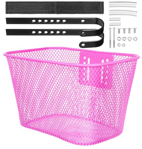 MOBUTOFU Cestino Anteriore per Bicicletta Rosa Rete Quadrata, Ganci e Cinturino, Capiente e Stabile, Adatto per Bici da Adulto e Passeggiate in Città
