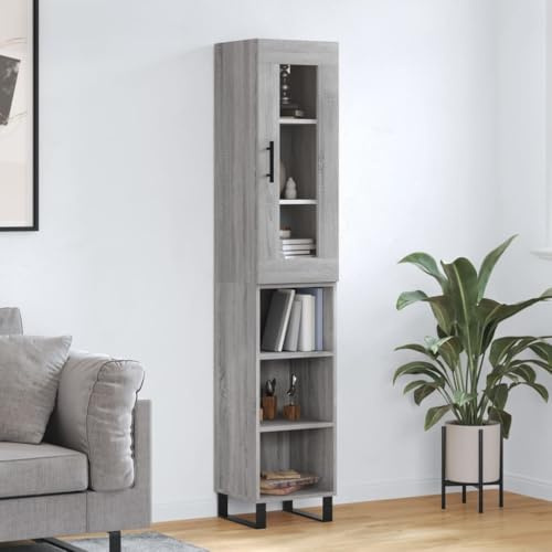 YunCangg Highboard grå Sonoma trämaterial 34,5 x 34 x 180 cm med järnben, skänk för vardagsrum och kök, köksbuffé med gott om lagringsutrymme och stabil design