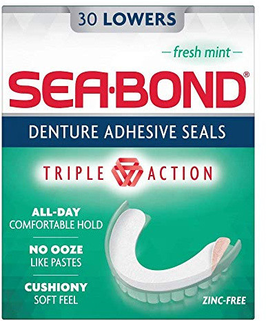 Sea Bond Secure Denture Adhesive Seals, Fresh Mint Lowers, All-Day-Hold, Mess-Free, 30 Count - 4 Pack