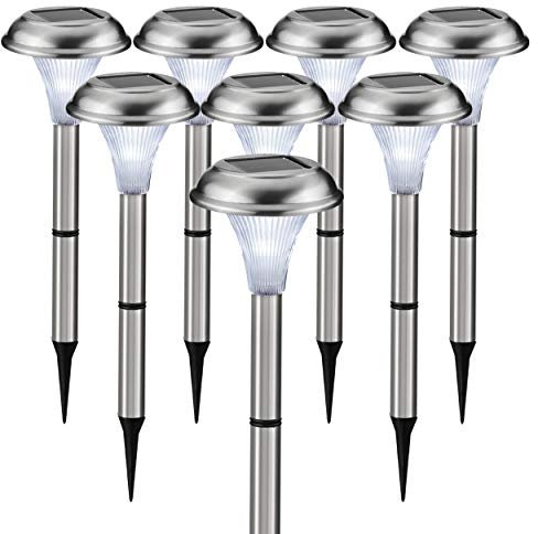 Solar Garden Lights for Outdoor – 8 Brightest Light Set - Beautiful Brushed Stainless Steel - Transform Your Paths, Garden, Flowerbeds and Drive - Easy NO Wires Install - Stylish Design and 30cm Tall