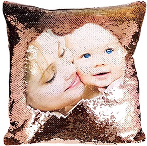 Personalised Sequin Cushion Cover Magic Reveal Printed Photo Gift Custom Made with Free Filling, 40cm x 40cm, CHAMPAGNE/WHITE