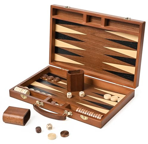 ropoda Sapele Wood Backgammon Board Game Set (15 Inches) for Adults and Kids - Classic Board Strategy Game - Portable and Travel Backgammon Set with Wooden Playing Pieces and Accessories