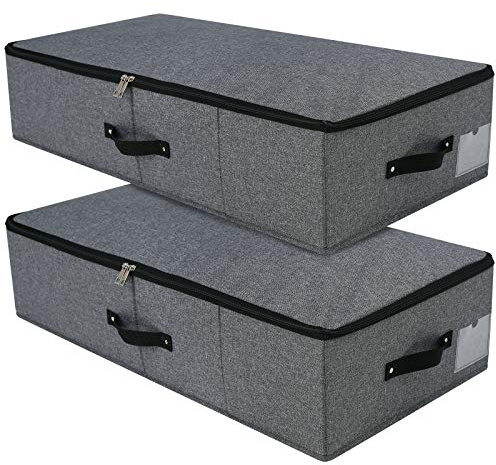 Omygarden 2PCS Foldable Under Bed Storage Box with Plastic Support Liner, Handles, Zipper lid, Blankets Clothes Comforters Storage Bin Organizer for Bedroom and Closet, 29×15×7inch, Black Grey