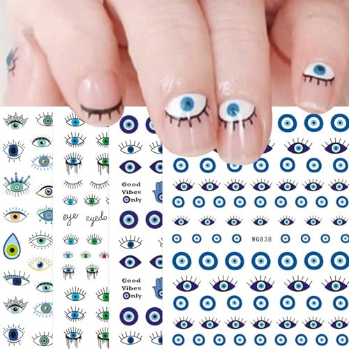 jmeowio Mauvais Oeil Stickers Ongles Nail Art 7 Feuilles Auto-adhésif Autocollants Ongles Decoration Evil Eye Main Turque de Fatima Hamsa Design Manucure