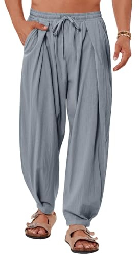 Gafeng Mens Linen Yoga Pants Elastic Waist Drawstring Summer Beach Loose Fit Casual Tapered Trousers Gray