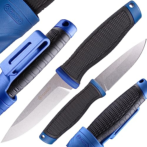 Ganzo G806-BL Feststehendes Messer, 8CR14 Edelstahlklinge, ergonomischer Anti-Rutsch-Griff, Camping, Jagd, Angeln, Outdoor, EDC-Messer mit Scheide (blau)