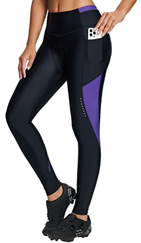 baleaf Women's Bike Pants 4D Padded Cycling Tights High Waisted Bicycle Clothes Pockets Biking Apparel UPF 50+ Black/Purple XL
