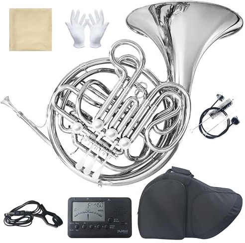 Double French Horn (Fb/Bb) 4 Keys Gold Lacquer - Intermediate Brass Instrument with Case, Mouthpiece and Cleaning Kit - Complete Accessory Kit for Concert Band and Solo Performance (Silver)