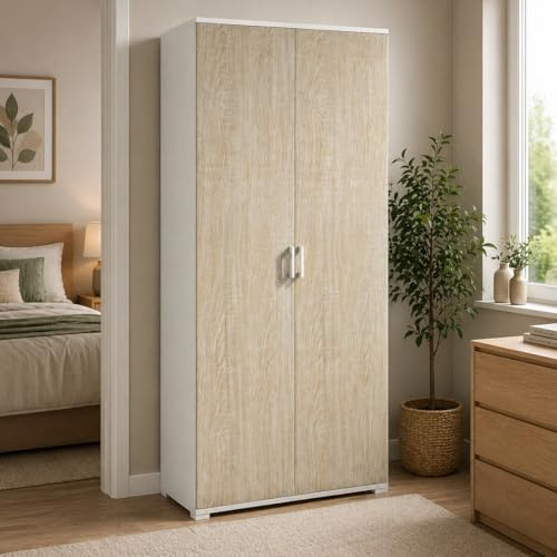 Yellowshop - Armadio mobile 2 ante 4 ripiani L90xP45xH195 cm COMPOS Bianco Rovere o Cemento texture 3d (Bianco/Rovere)