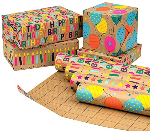 RUSPEPA Colorful Birthday Kraft Wrapping Paper Rolls - Total of 4 Rolls - 43.2 cm x 3.05 m per Roll